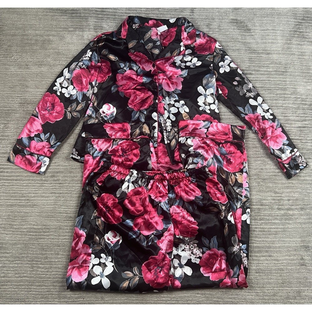 Lilac + London Pajama Set Womens Large Black Red Floral Satin Longsleeve Button